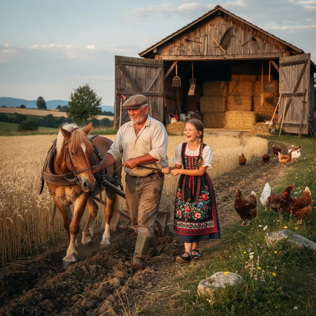 A picturesque view of a traditional Slovak village showcasing wooden houses with intricate carvings and thatched roofs.